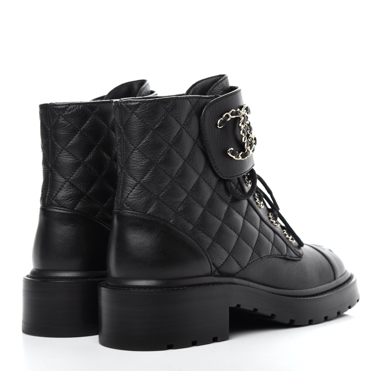 Chanel Shiny Goatskin Calfskin Quilted Lace Up Combat Boots 38 Black 4 of 10
