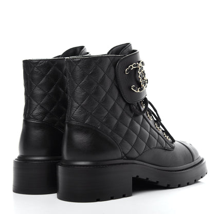 Chanel Shiny Goatskin Calfskin Quilted Lace Up Combat Boots 38 Black 4 of 10