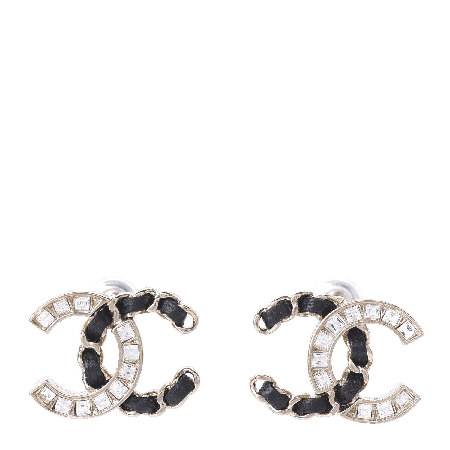 Chanel Crystal Baguette Lambskin Chain CC Vintage Allure Stud Earrings Black Gold 1 of 5