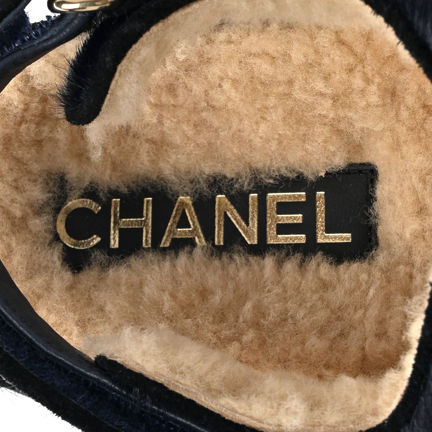 Chanel Calfskin Hair Suede Shearling Dad Sandals 37.5 Navy Black 7 of 9