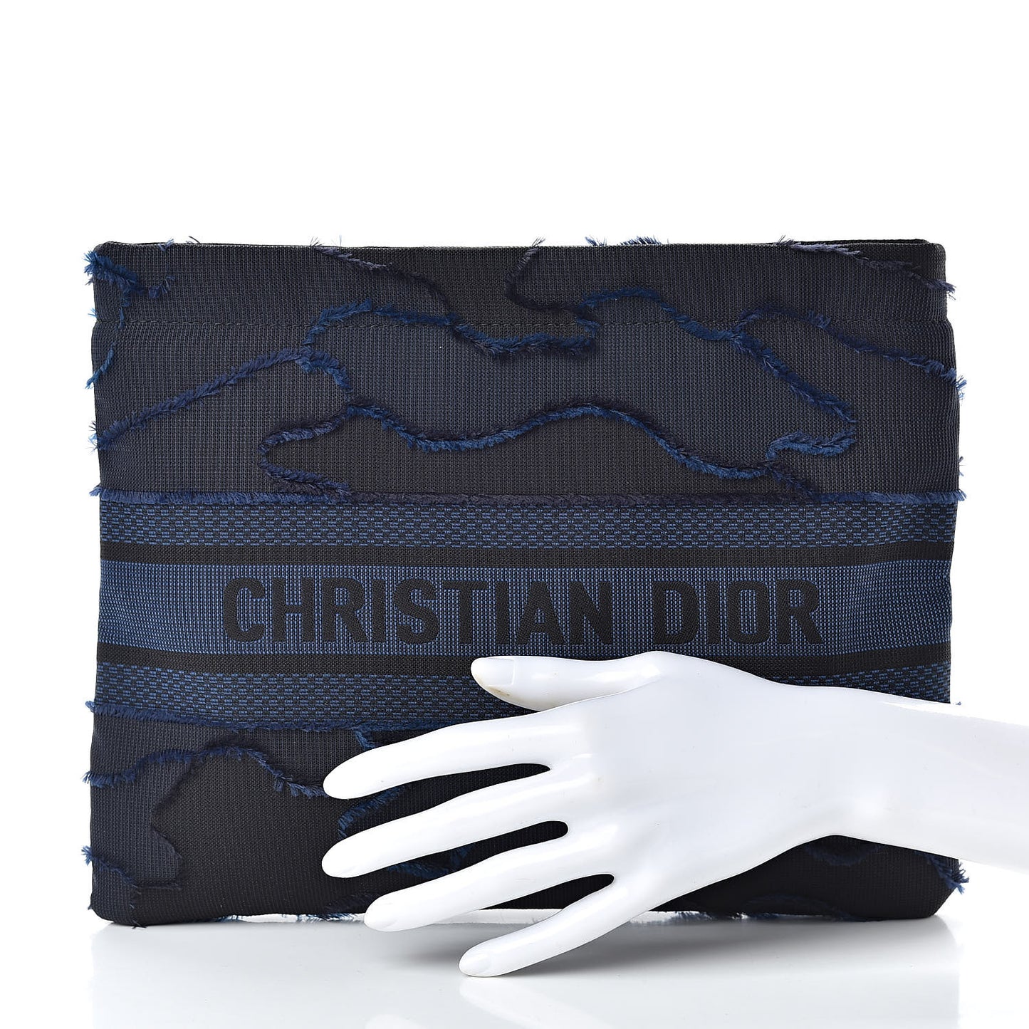 Canvas Embroidered Camouflage Medium Diordouble Zip Pouch Blue