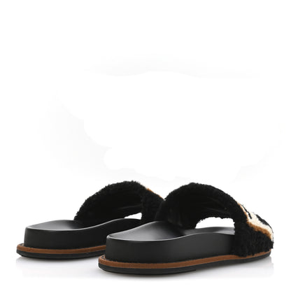 Fendi Shearling Logo Slide Sandals 38 Black Latte Brownie 5 of 8