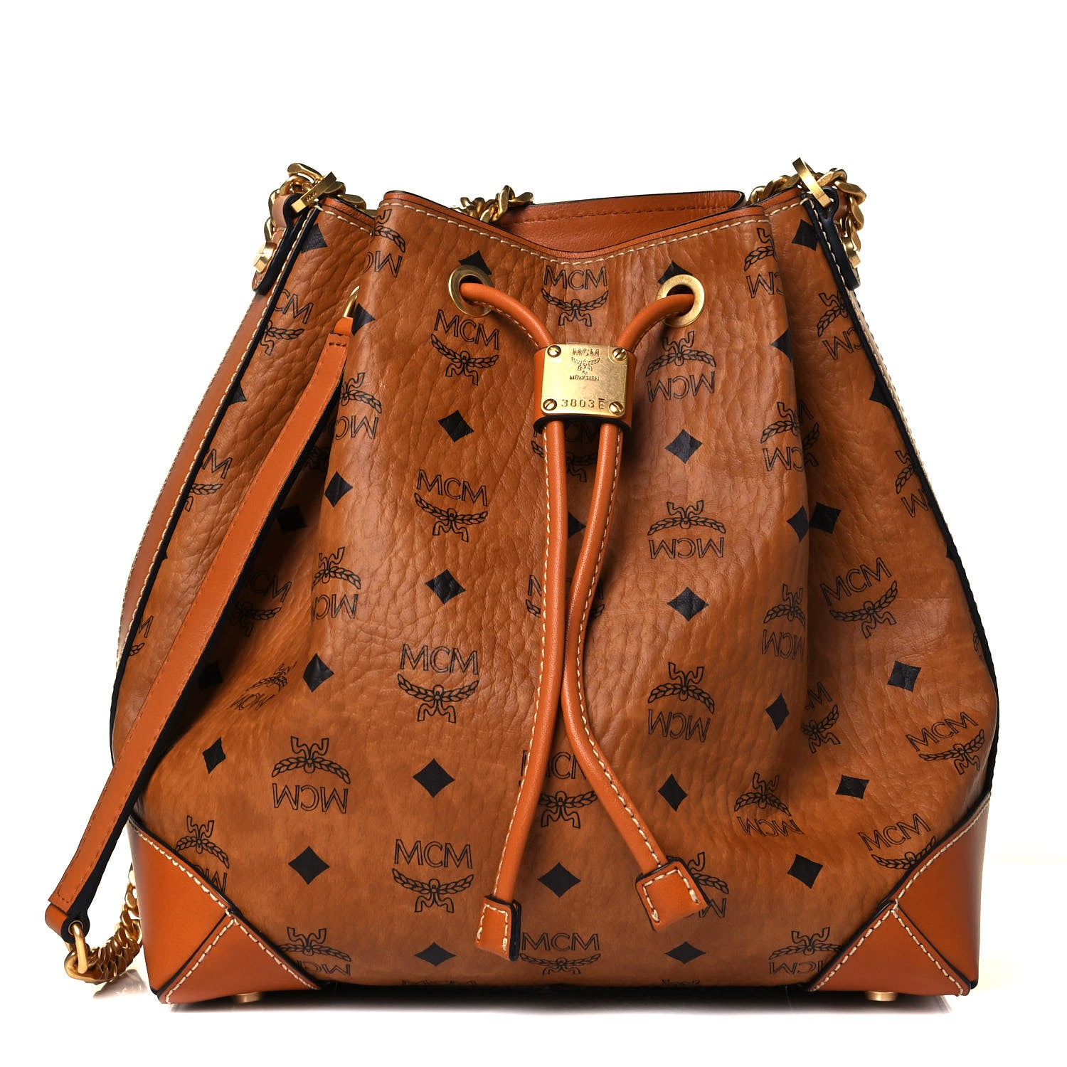 MCM Visetos Small Soft Berlin Drawstring Bucket Bag Cognac 1 of 8