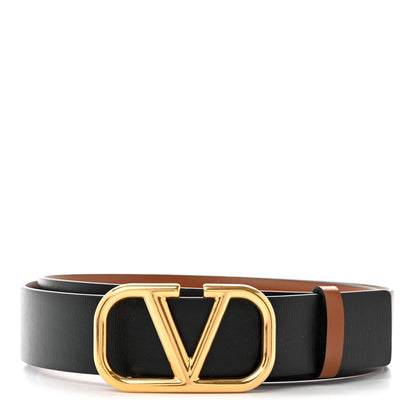 Valentino Garavani Glossy Calfskin VLogo Reversible 40mm Belt 80 32 Saddle Brown Black 1 of 5