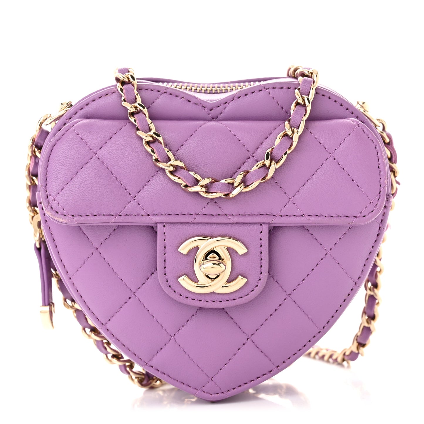 Lambskin Quilted CC In Love Heart Clutch With Chain Purple