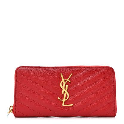 Saint Laurent Grain De Poudre Matelasse Chevron Monogram Zip Around Wallet Rouge Eros 1 of 9