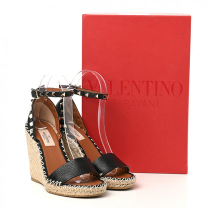 Valentino Garavani Grained Calfskin Rockstud Ankle Strap Espadrille 15/105mm Wedge Sandals 35 Black Light Cuir Natural 9 of 9