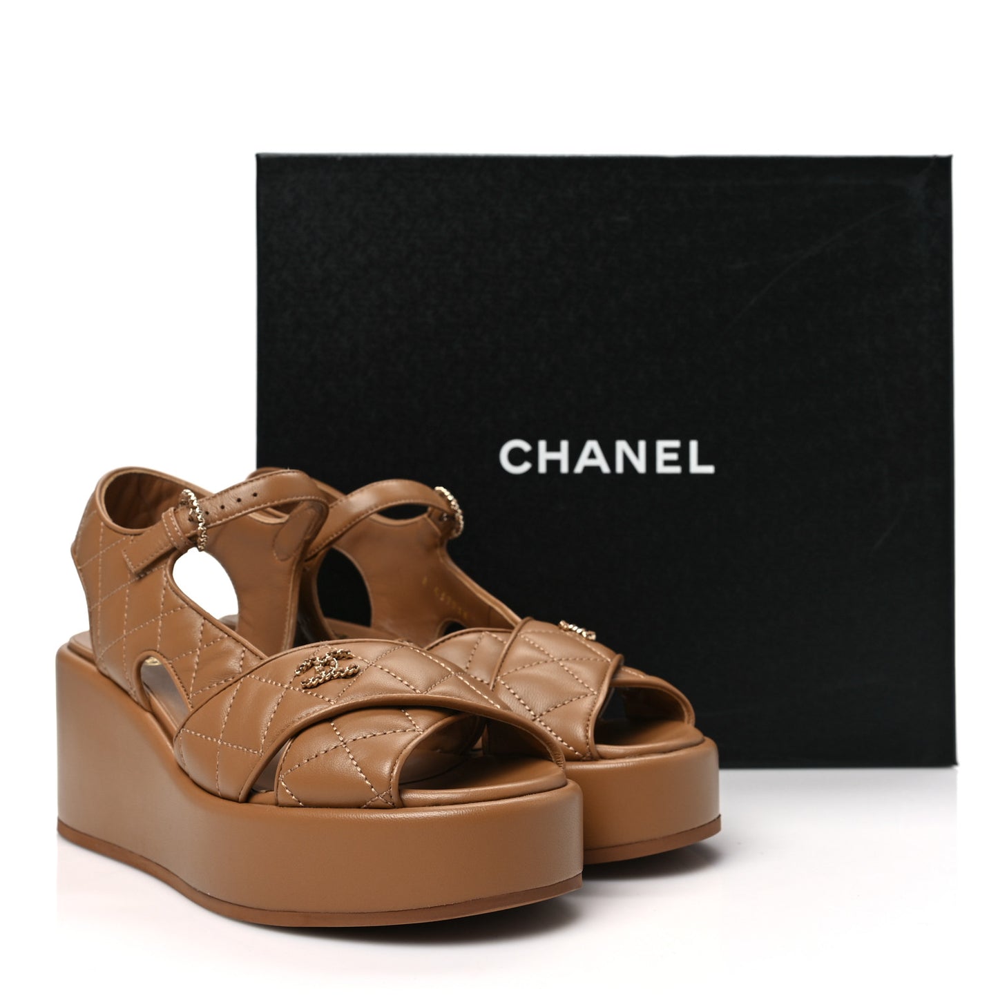 Lambskin Quilted CC Platform Sandals 38 Beige