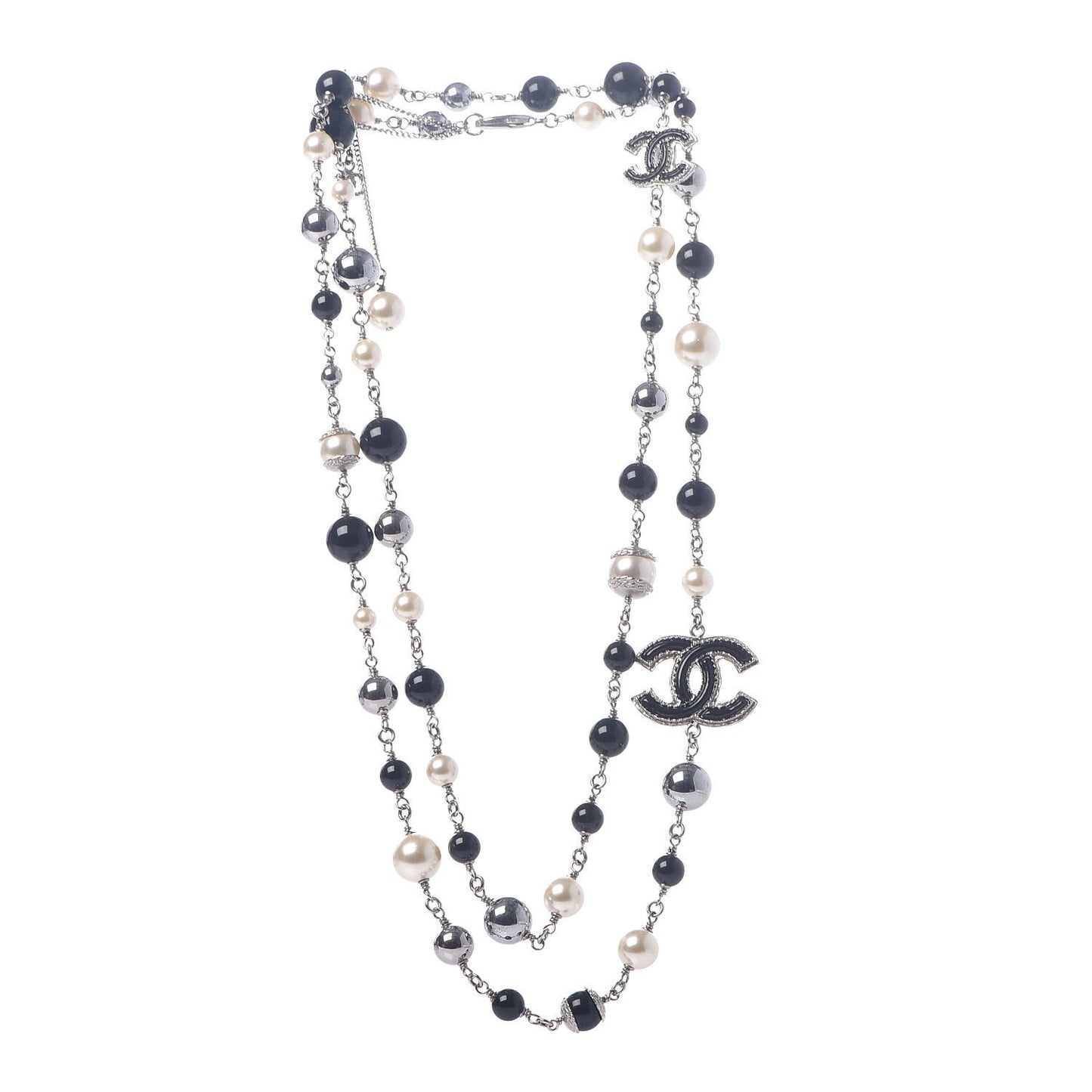 Pearl Beaded Enamel CC Long Necklace Silver