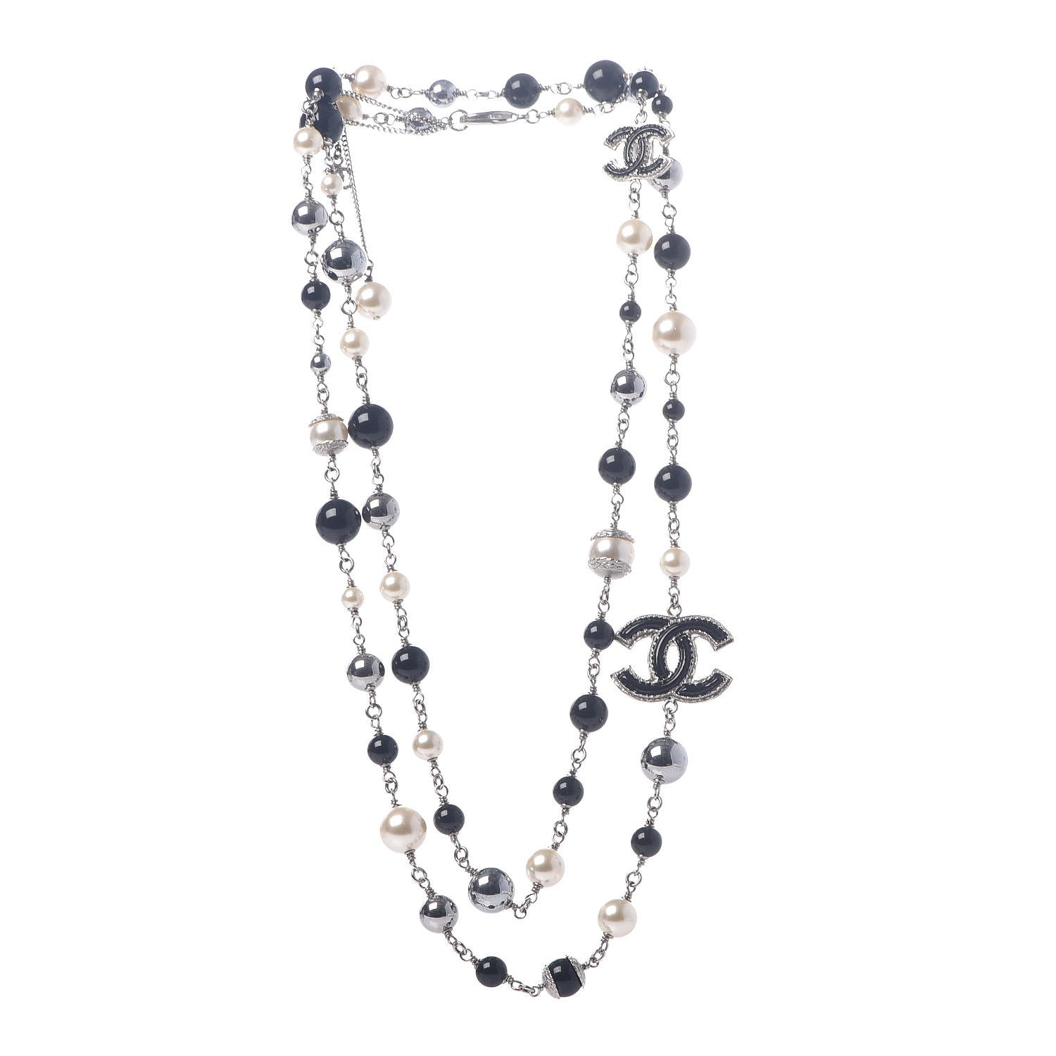 Chanel Pearl Beaded Enamel CC Long Necklace Silver 3 of 5