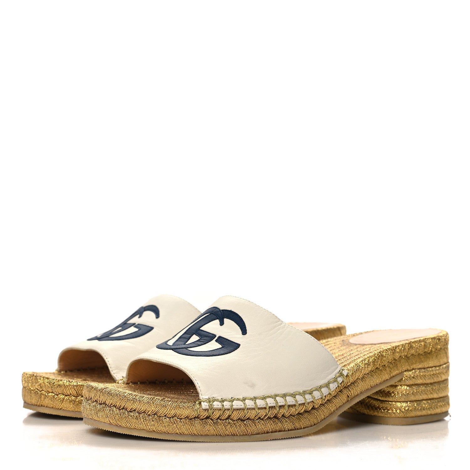 Gucci Malaga Kid Lifford Calfskin GG Mid Heel Slide 37 White Blue 4 of 10