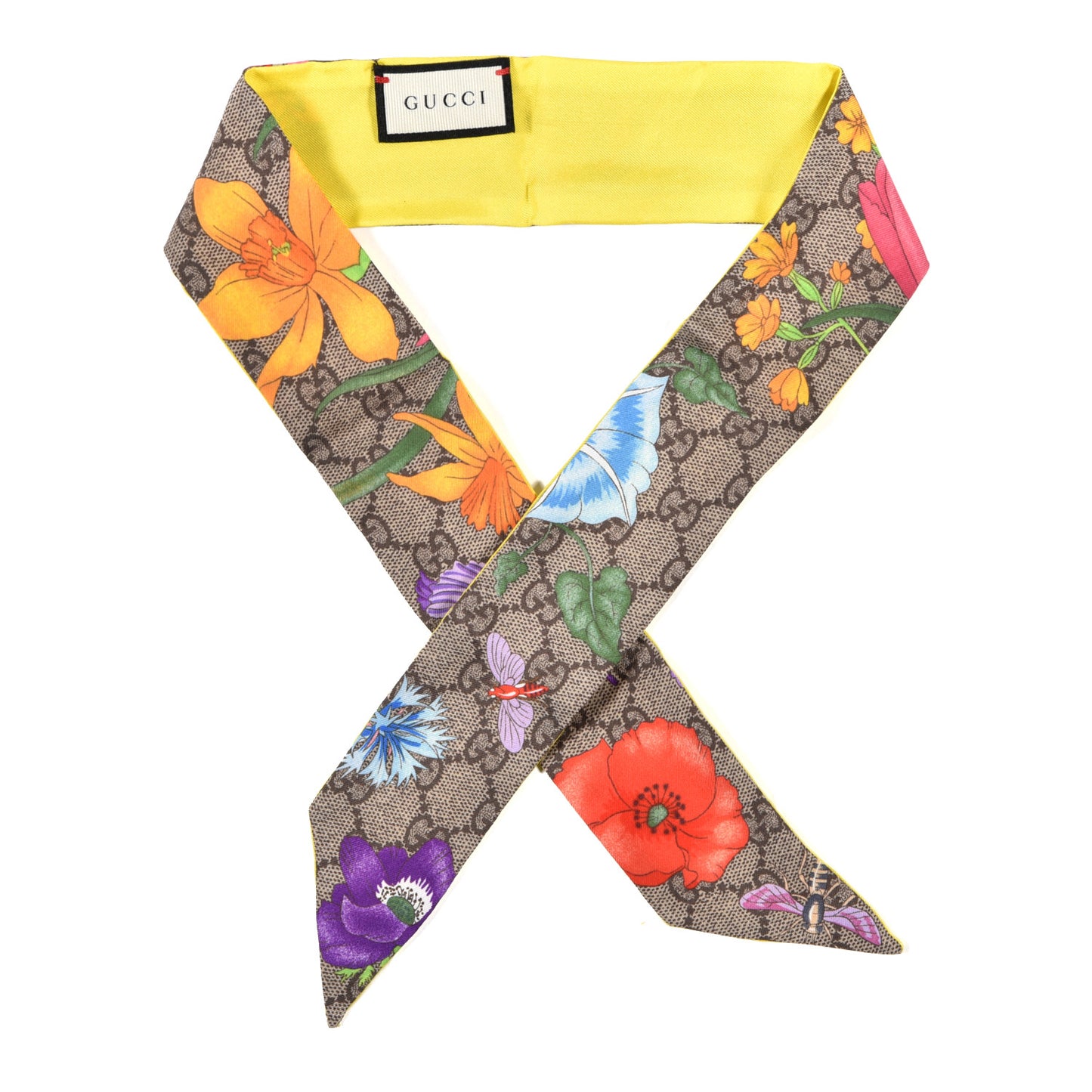 Silk Twill GG Monogram Special Flory Neck Bow Scarf Beige Yellow