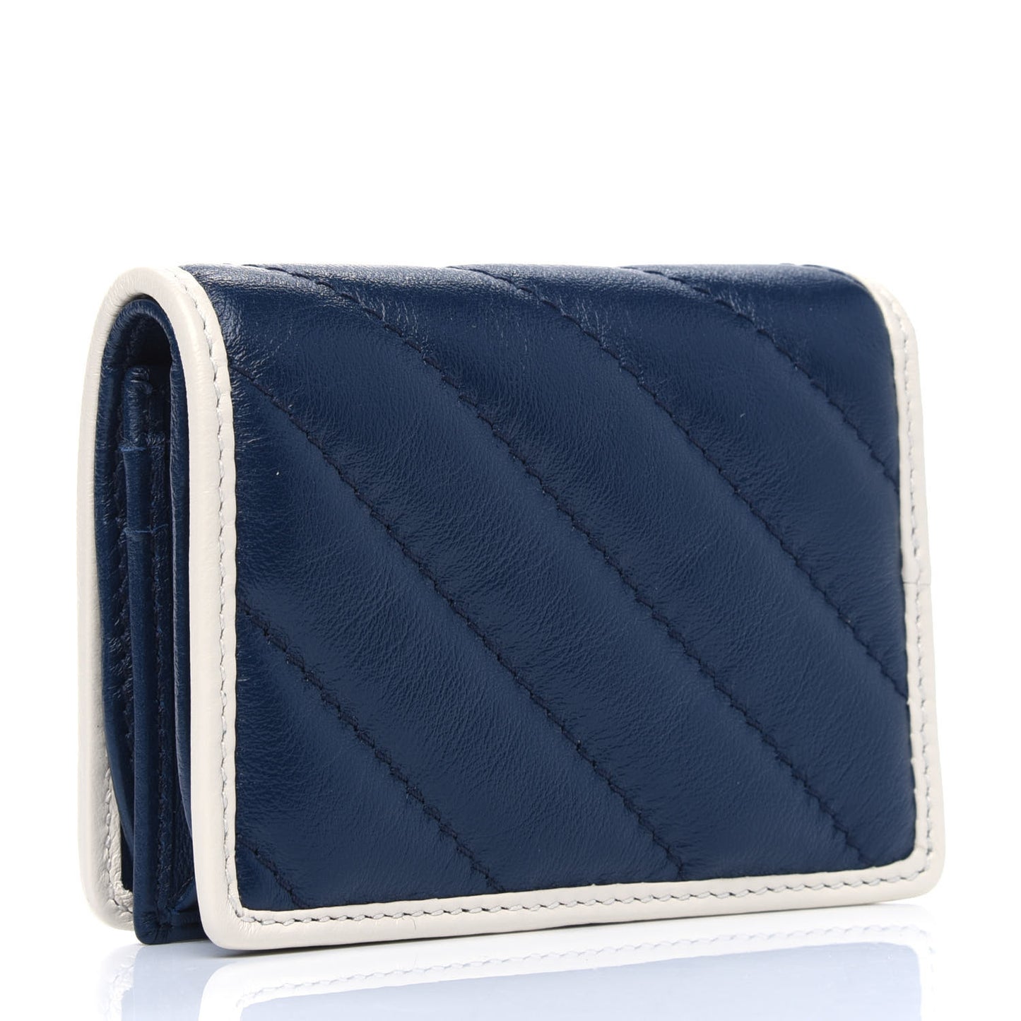 Vintage Effect Calfskin Matelasse Diagonal Torchon GG Marmont Card Case Wallet Blue Agata Mystic White