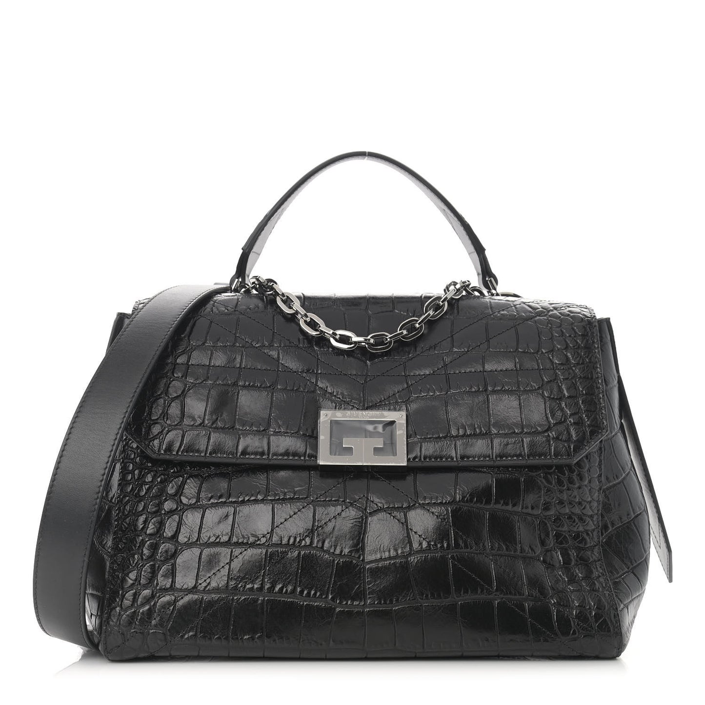 Crocodile Embossed Calfskin Medium ID Flap Black