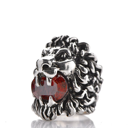 Gucci Metal Crystal Lion Head Ring 8.5 Red Aged Silver 3 of 7