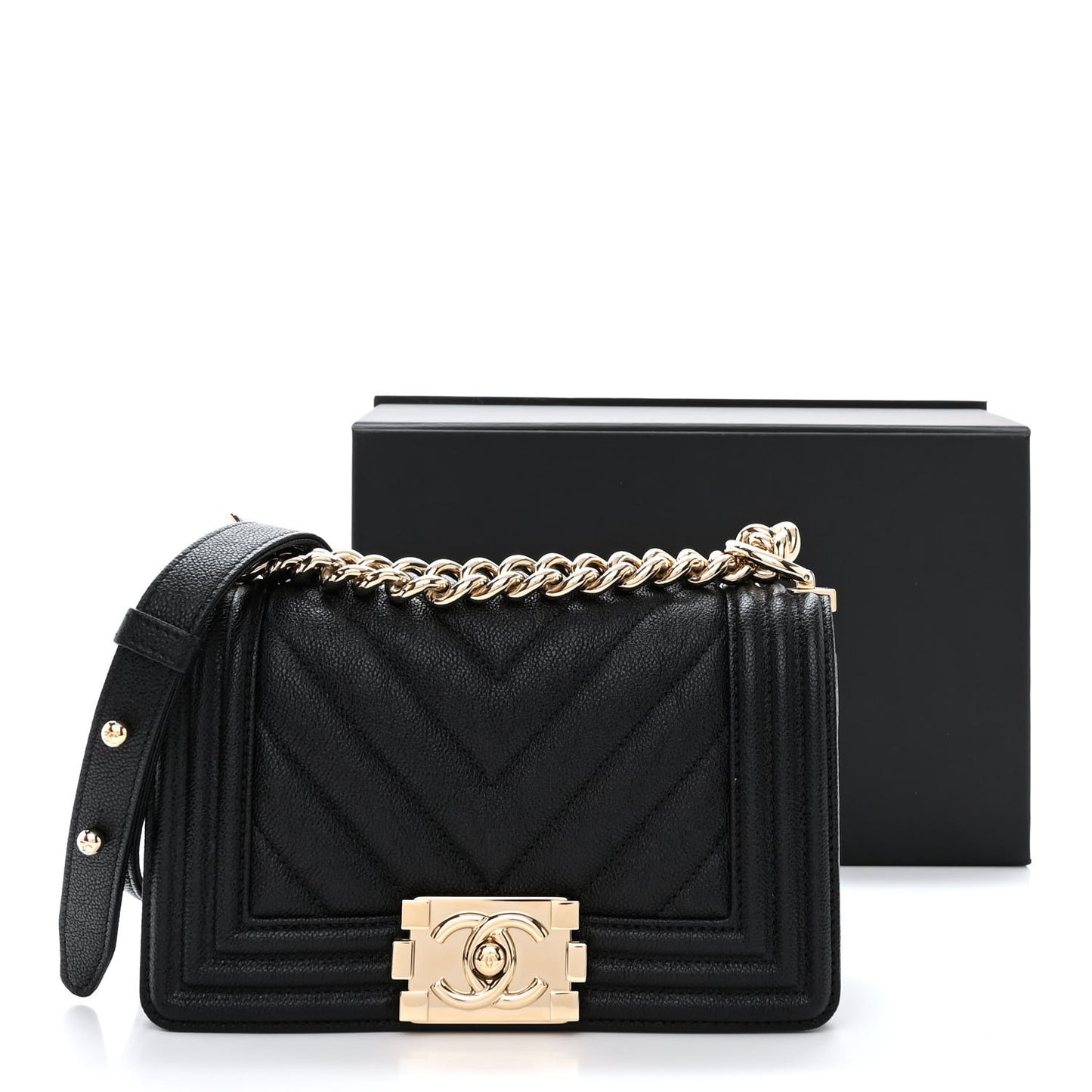 Caviar Chevron Quilted Small Boy Flap Black