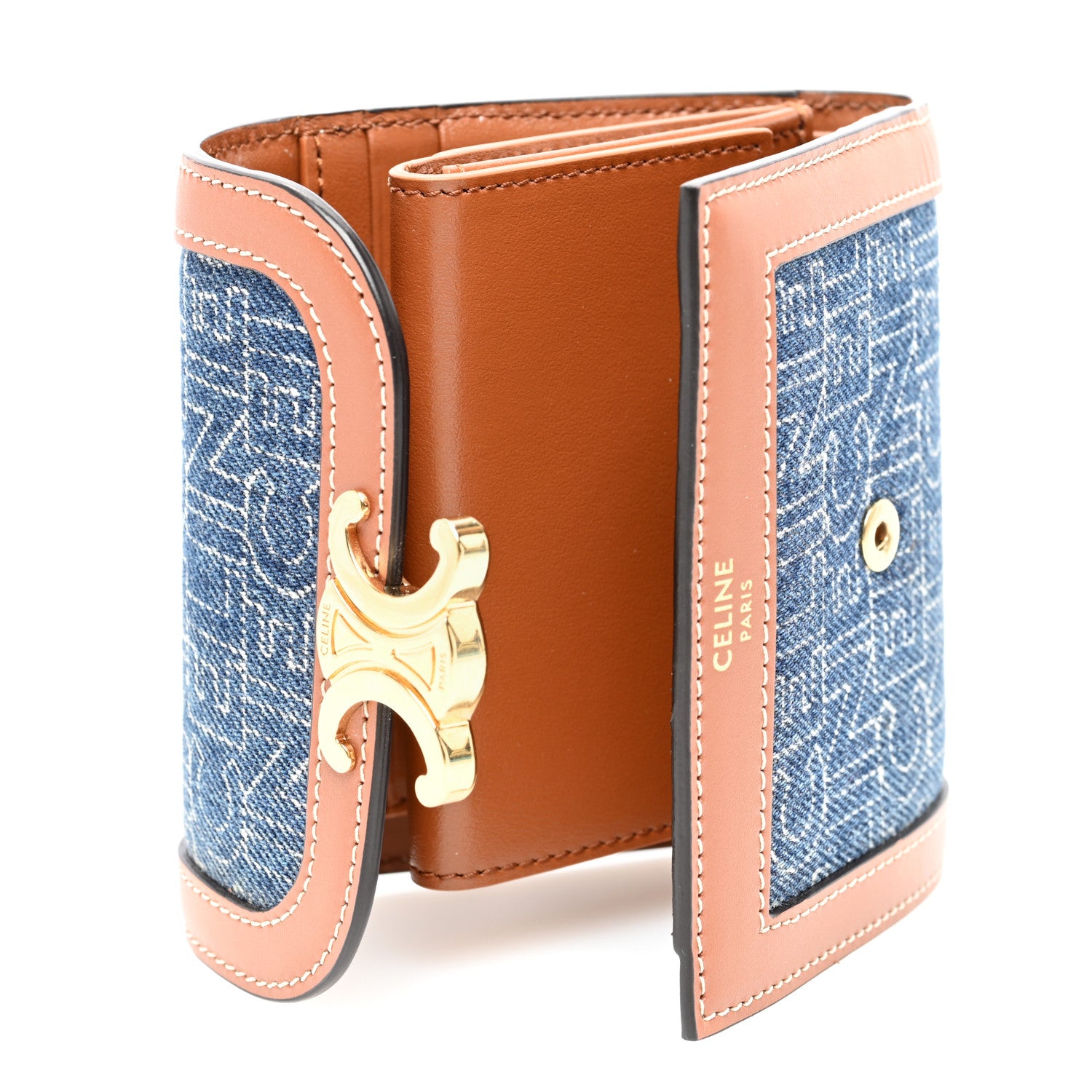 Celine Denim Calfskin All Over Print Small Triomphe Wallet Navy Tan 5 of 7