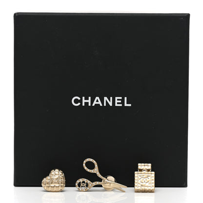 Chanel Metal Strass Crystal Quilted CC Heart Scissors Perfume Brooch Set Gold 6 of 6