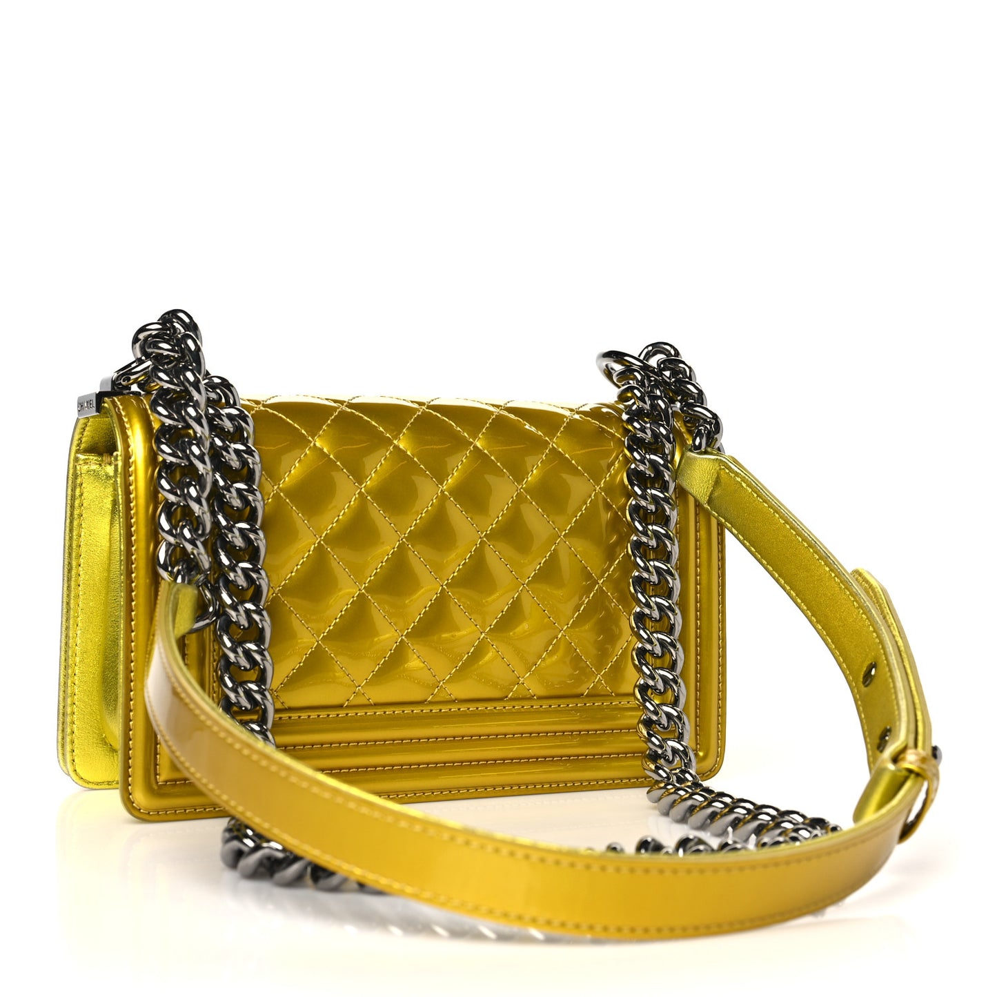 Metallic Patent Calfskin Quilted Small Boy Flap Yellow
