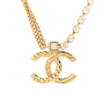 Chanel Metal Crystal Quilted CC Pendant Necklace Gold 4 of 6