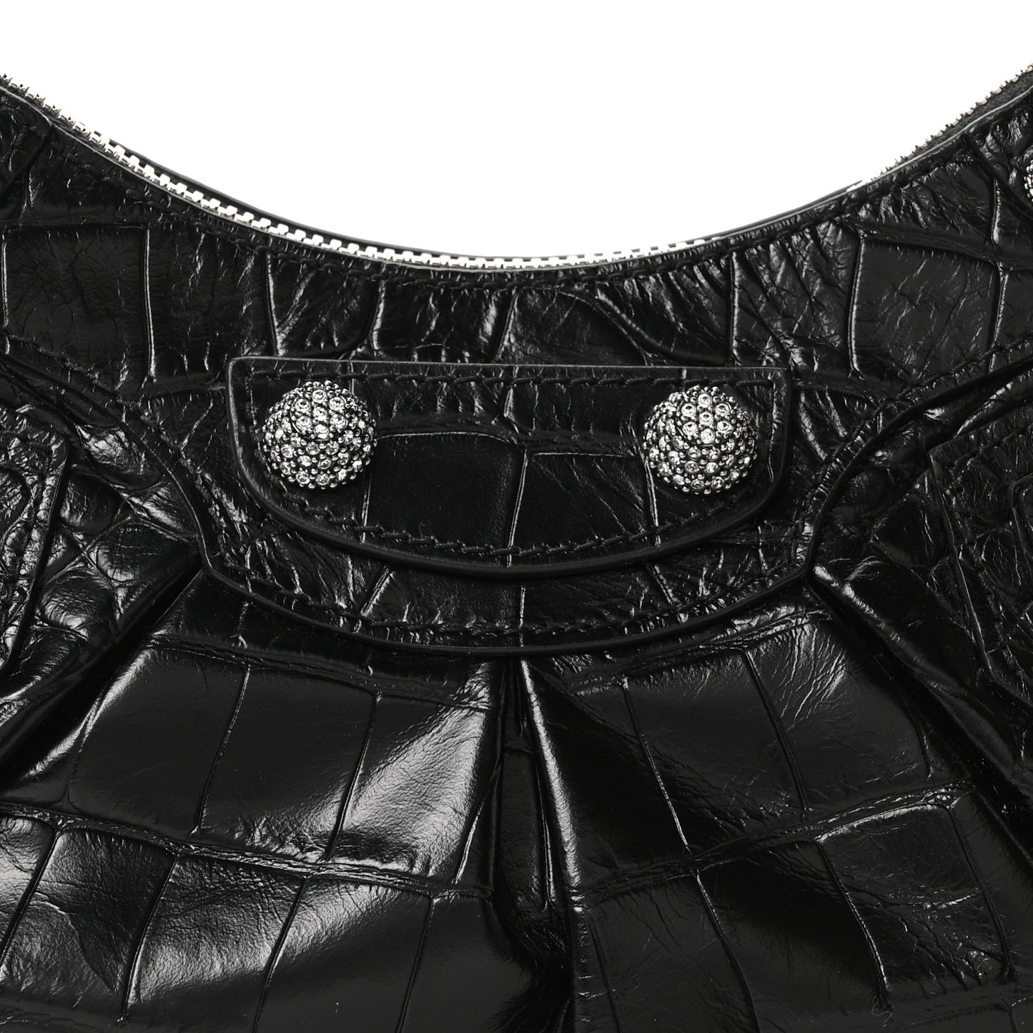 Extra Supple Calfskin Crystal Crocodile Embossed Le Cagole Shoulder Bag XS Black