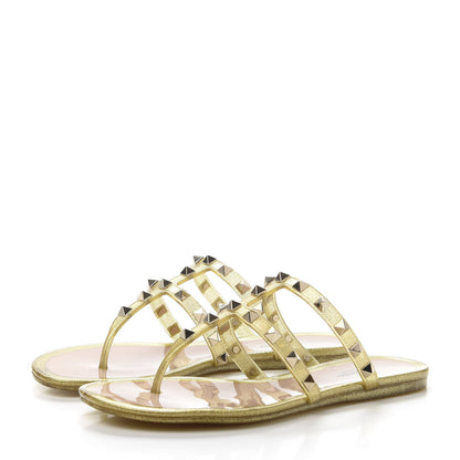 Valentino Garavani PVC Jelly Glitter Rockstud Caged Flat Thong Sandals 36 Oro 3 of 8