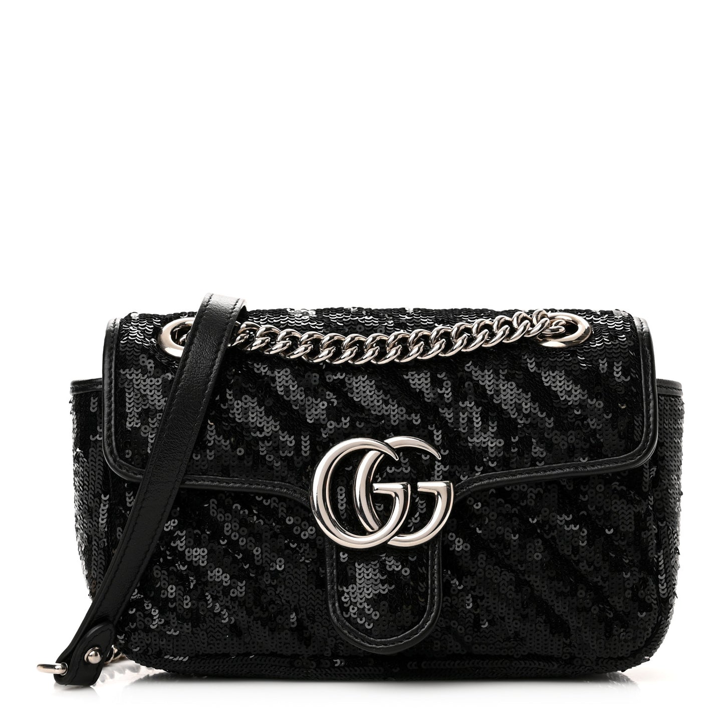 Sequin Matelasse Diagonal Mini GG Marmont Shoulder Bag Black