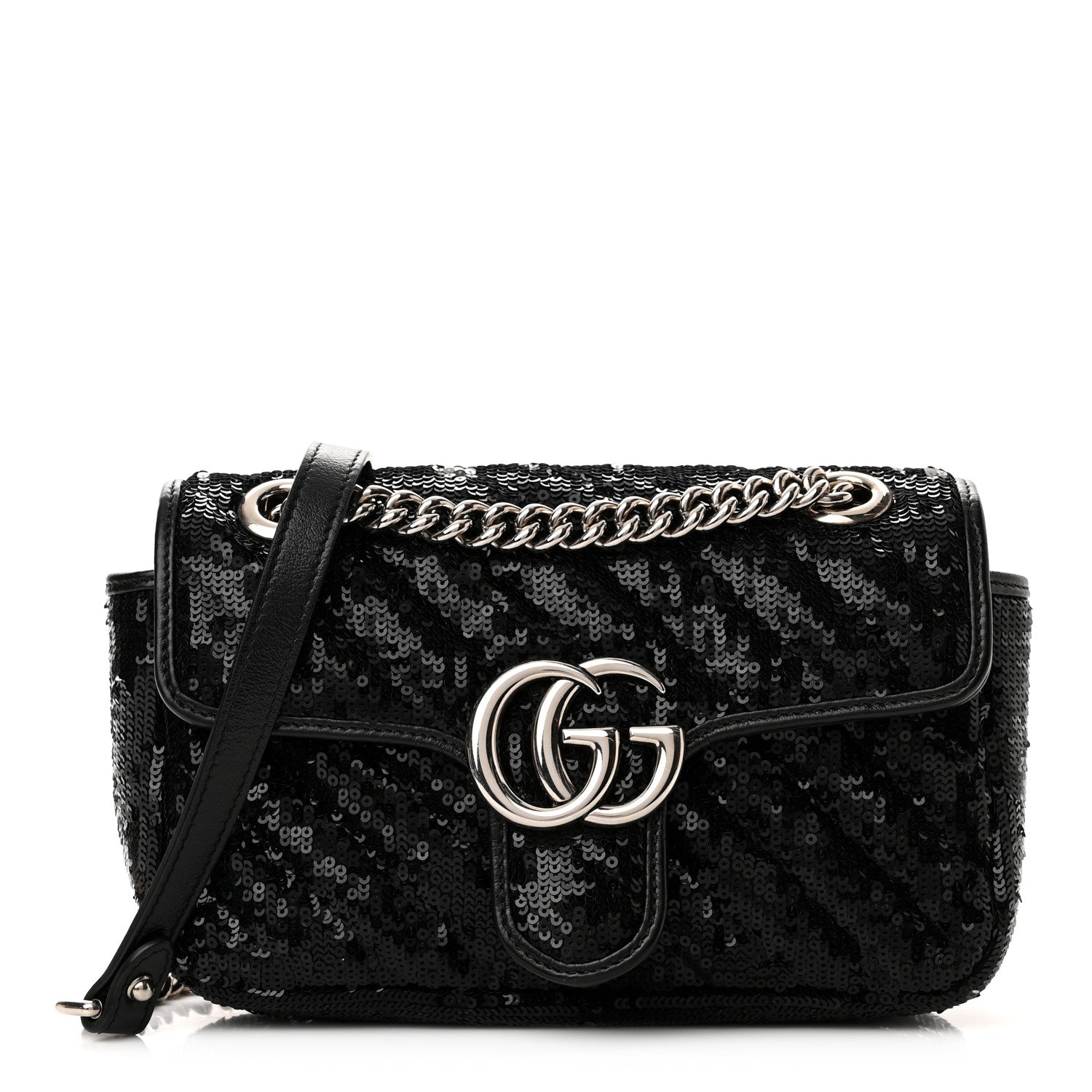 Gucci Sequin Matelasse Diagonal Mini GG Marmont Shoulder Bag Black 1 of 10