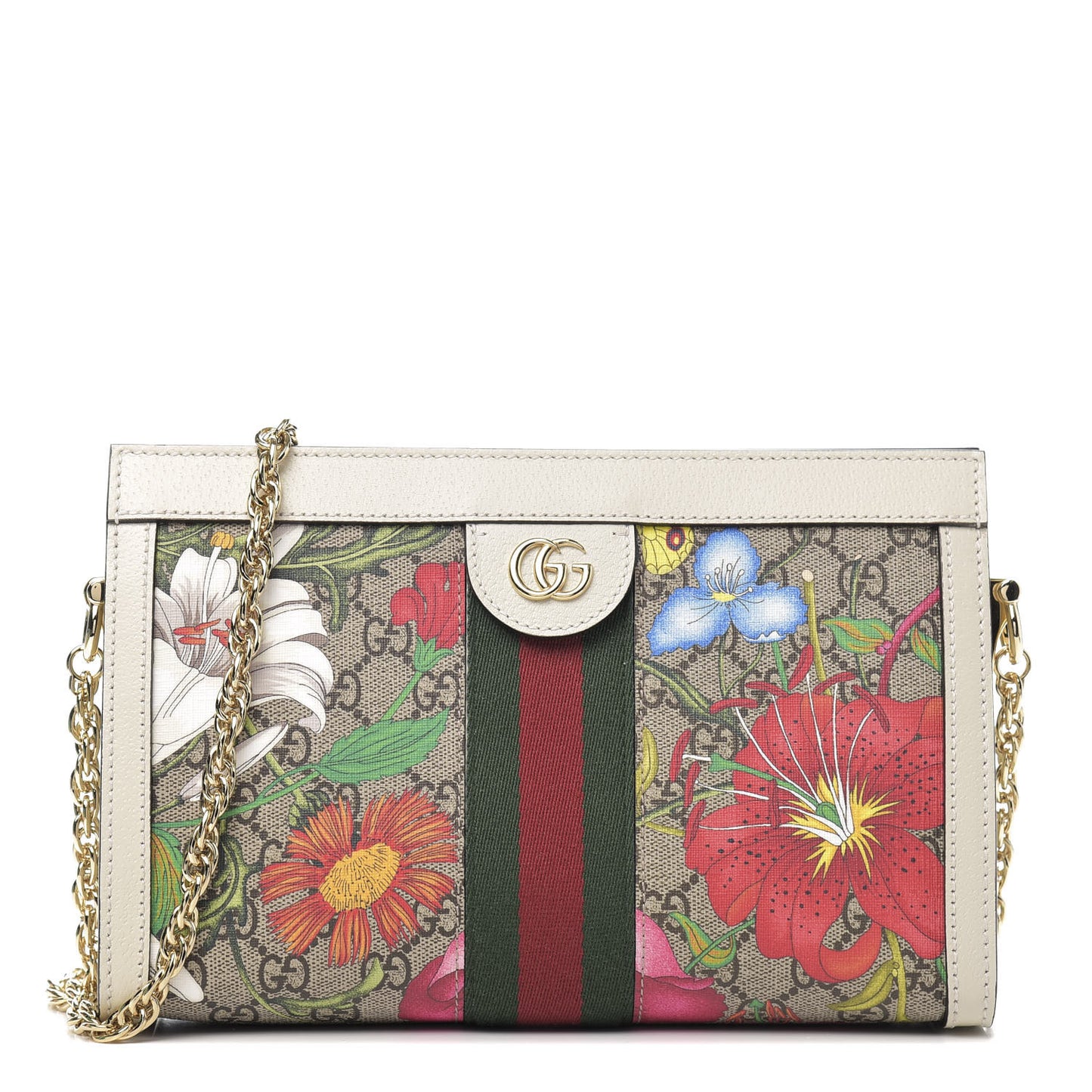 GG Supreme Monogram Flora Web Small Ophidia Chain Shoulder Bag White