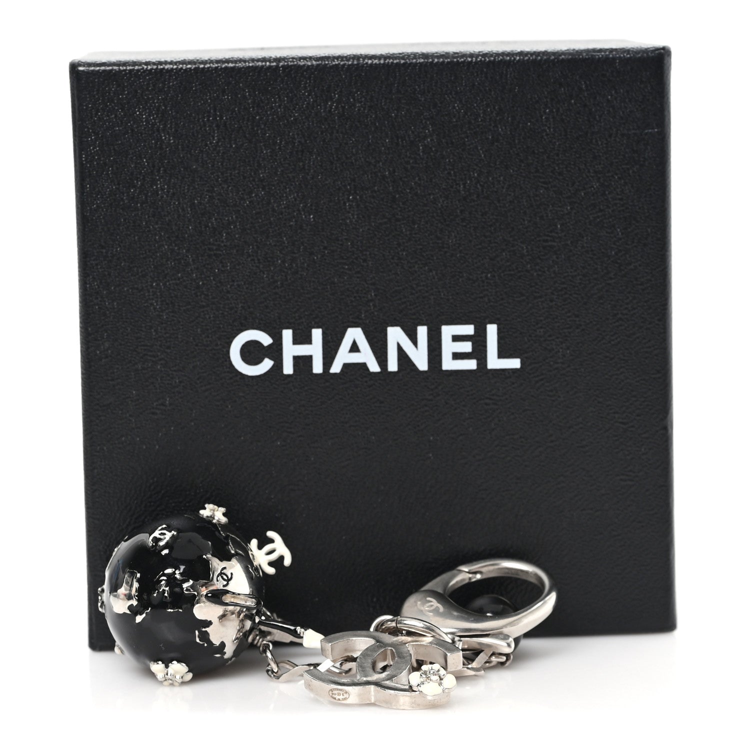 Chanel Metal Camellia CC Globe Key Chain Black Silver 4 of 4