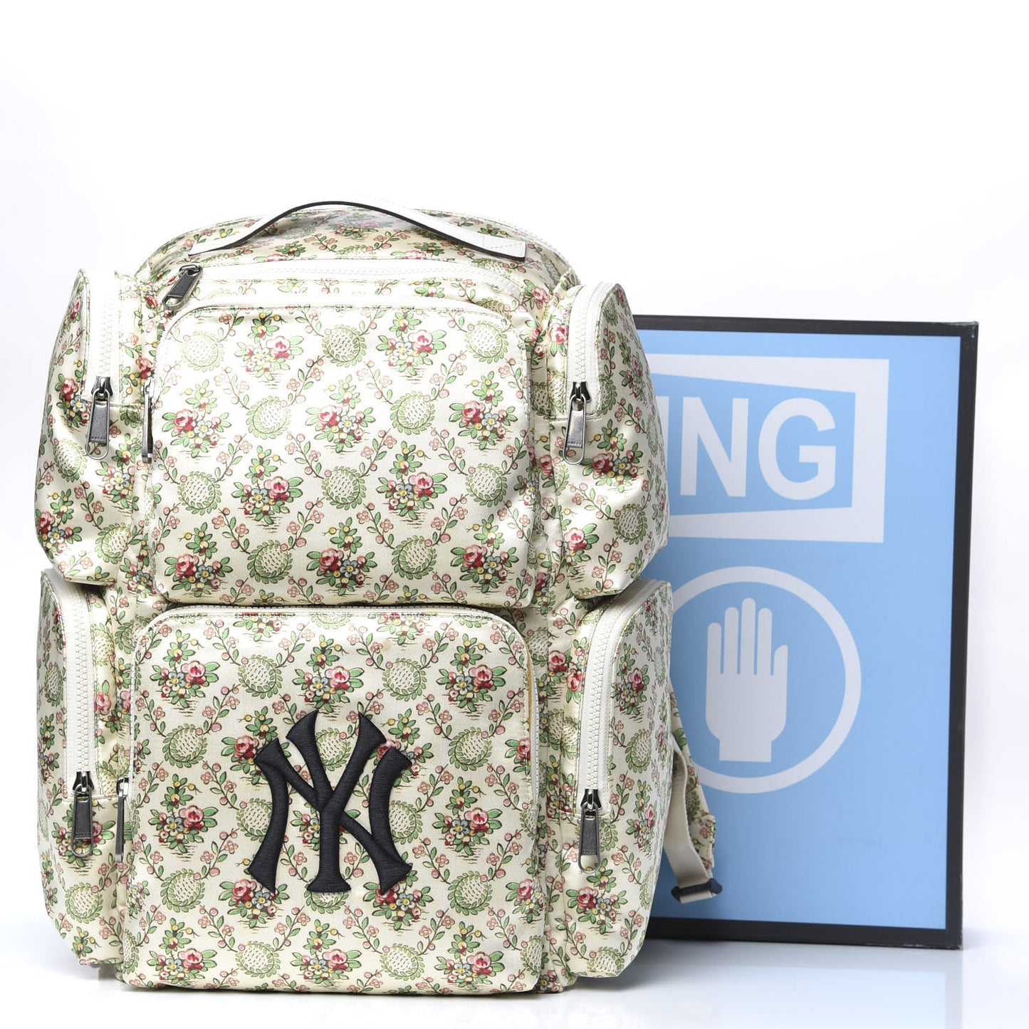 X MLB Satin Floral Print NY Yankees Patch Backpack Ivory Green