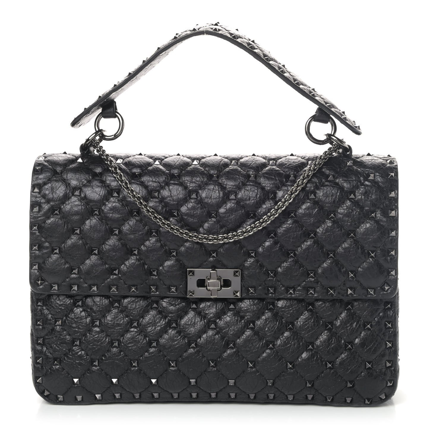 Craquele Nappa Large Rockstud Spike Shoulder Bag Black