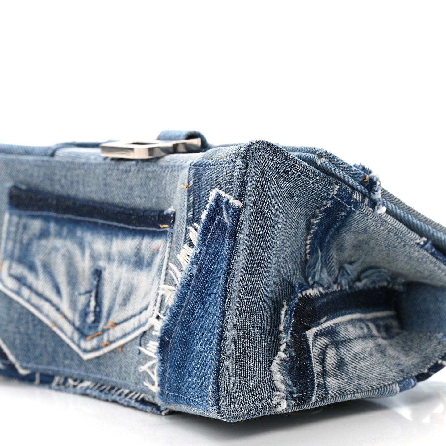 Denim Patchwork Small Hourglass Top Handle Bag Washed Blue