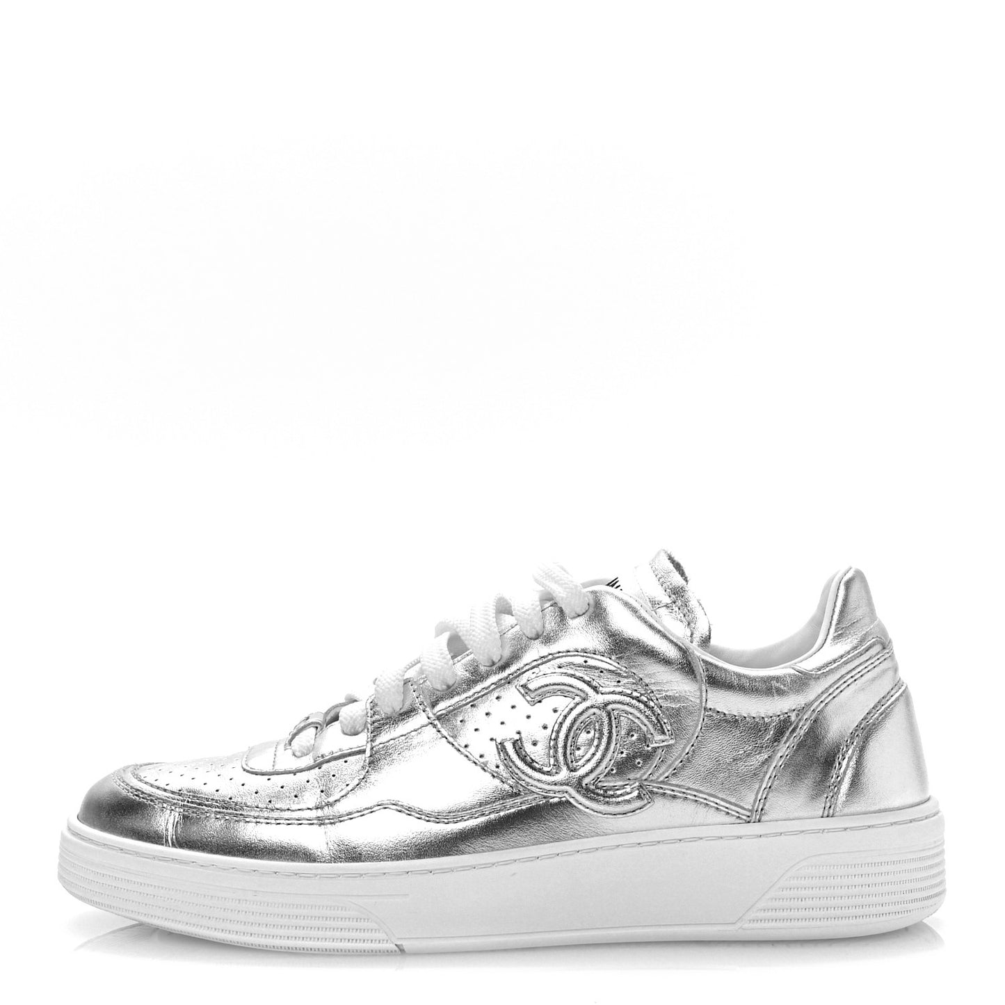 Laminated Calfskin CC Womens Sneakers 38 Silver