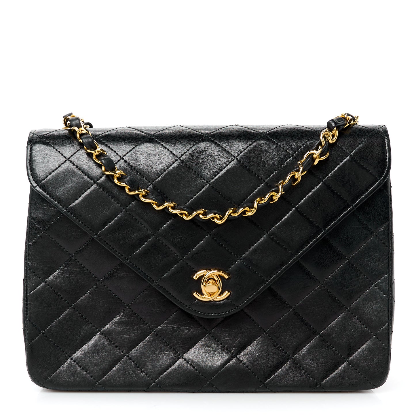 Lambskin Diamond Stitch Envelope Single Flap Black