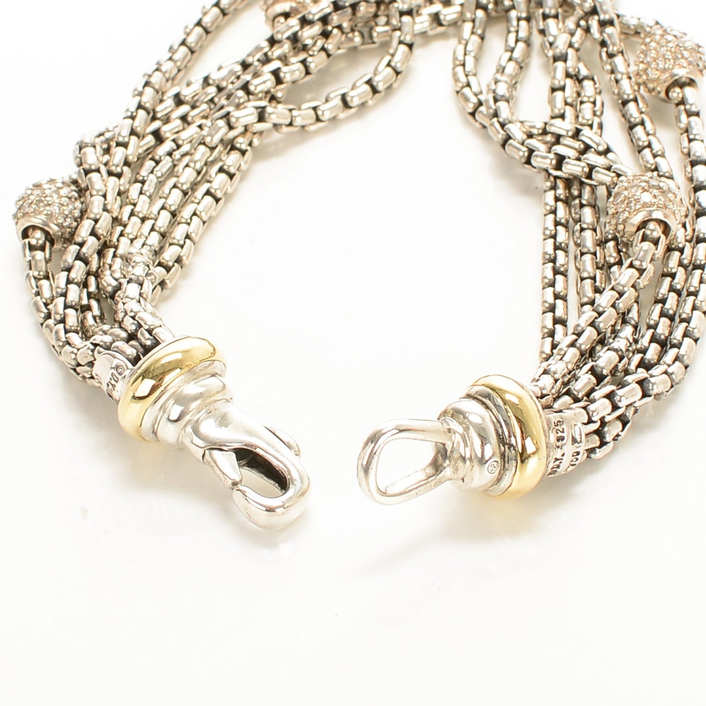 Sterling Silver 18K Yellow Gold Pave Diamond 7mm Six-Row Chain Bracelet