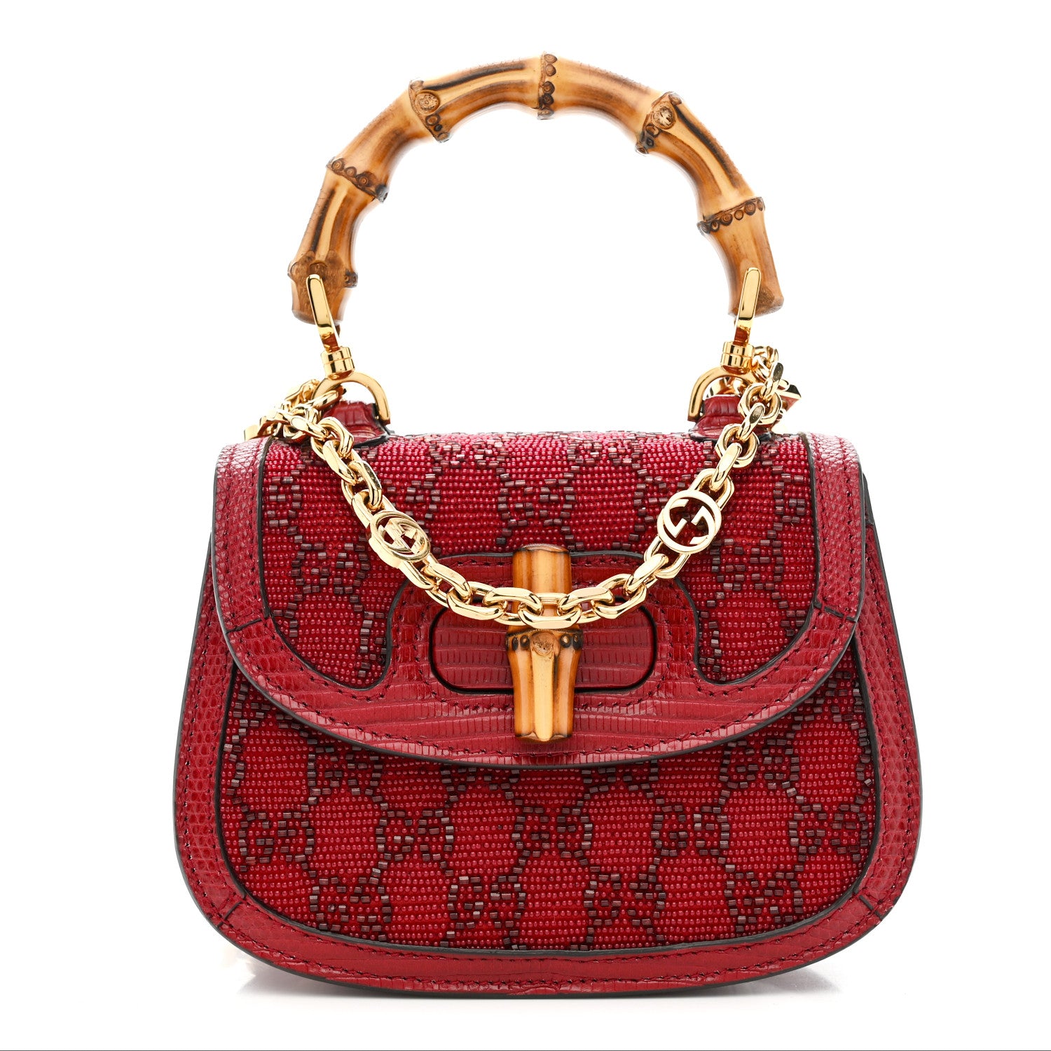 Gucci Moire Fabric Calfskin Rhinestone Monogram Monochrome Lizard Embossed Mini Bamboo 1947 Top Handle Chain Bag Red 1 of 10