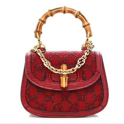 Gucci Moire Fabric Calfskin Rhinestone Monogram Monochrome Lizard Embossed Mini Bamboo 1947 Top Handle Chain Bag Red 1 of 10