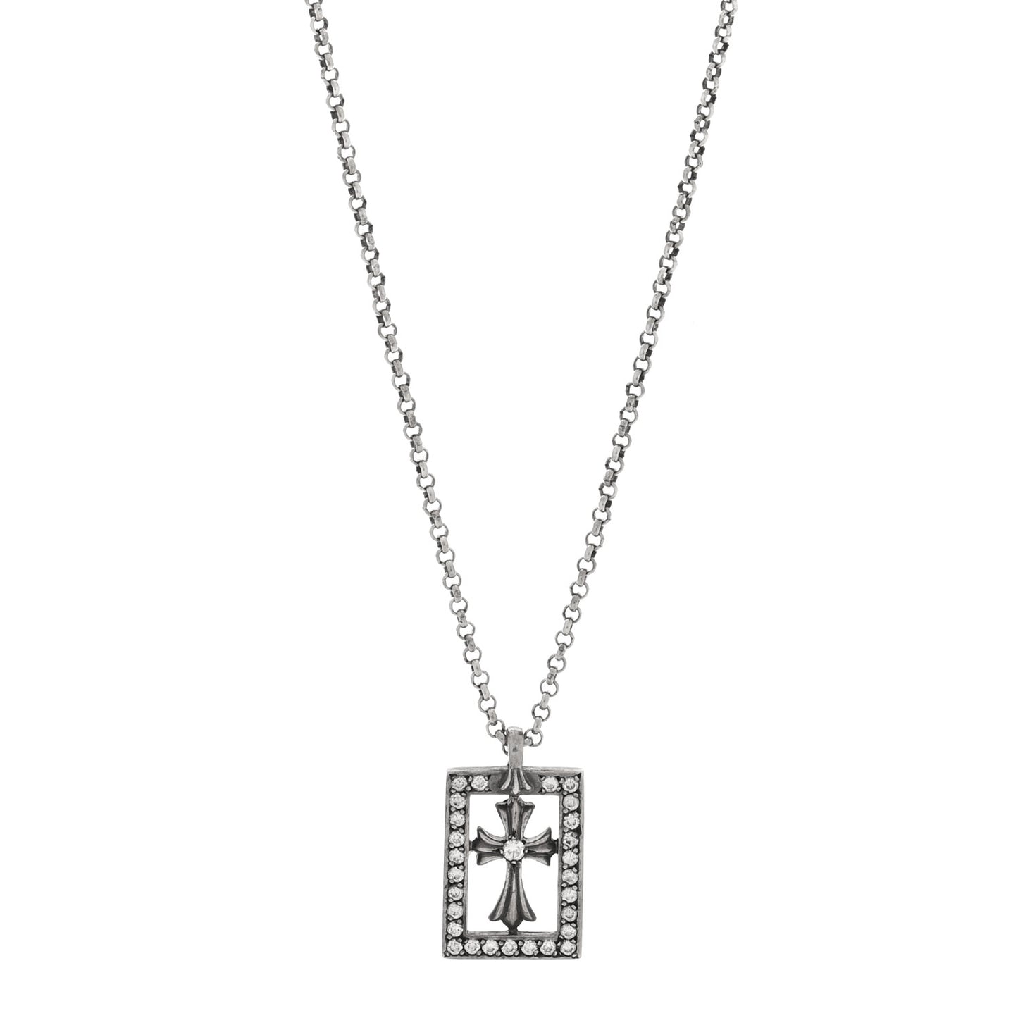 Sterling Silver Diamond Open Baby Fat Framed Cross Pendant Roll Chain Necklace