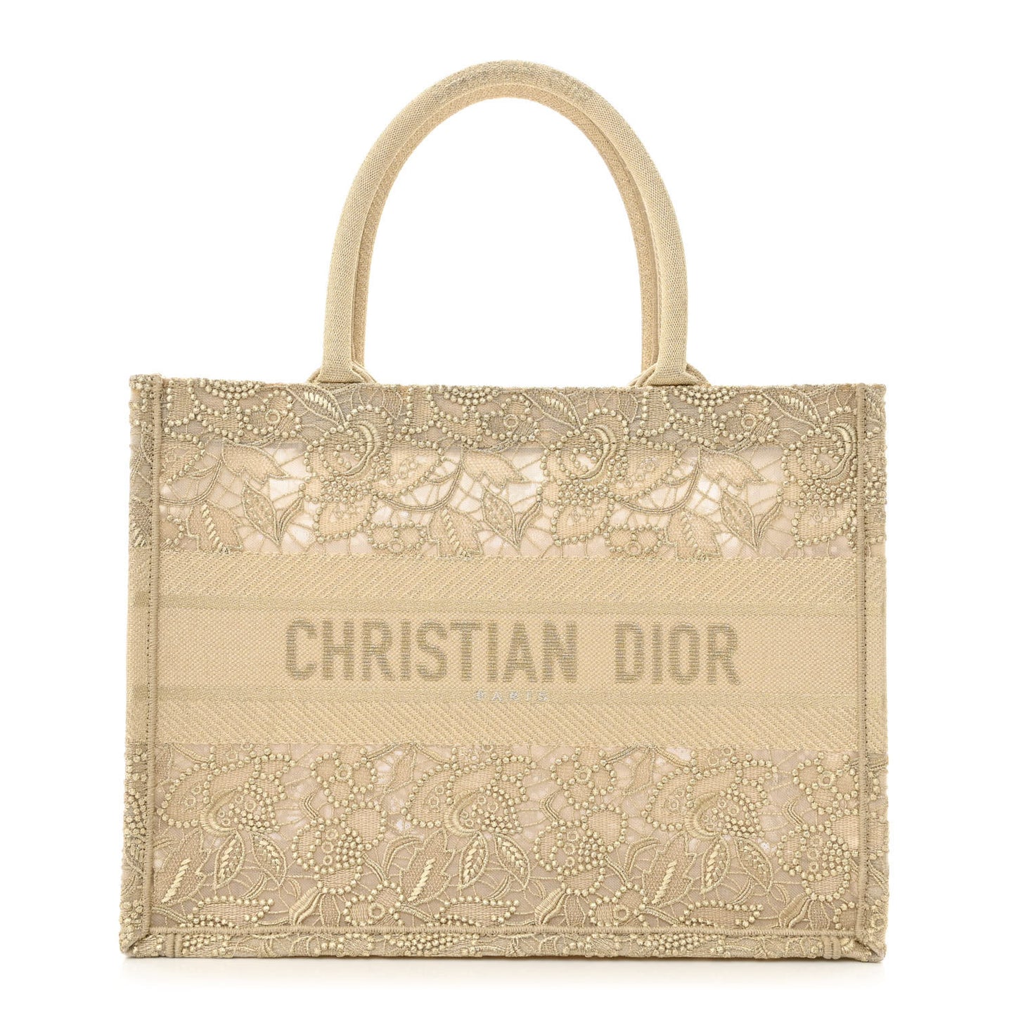 Transparent Metallic Embroidered Mesh Macrame Medium Book Tote Gold