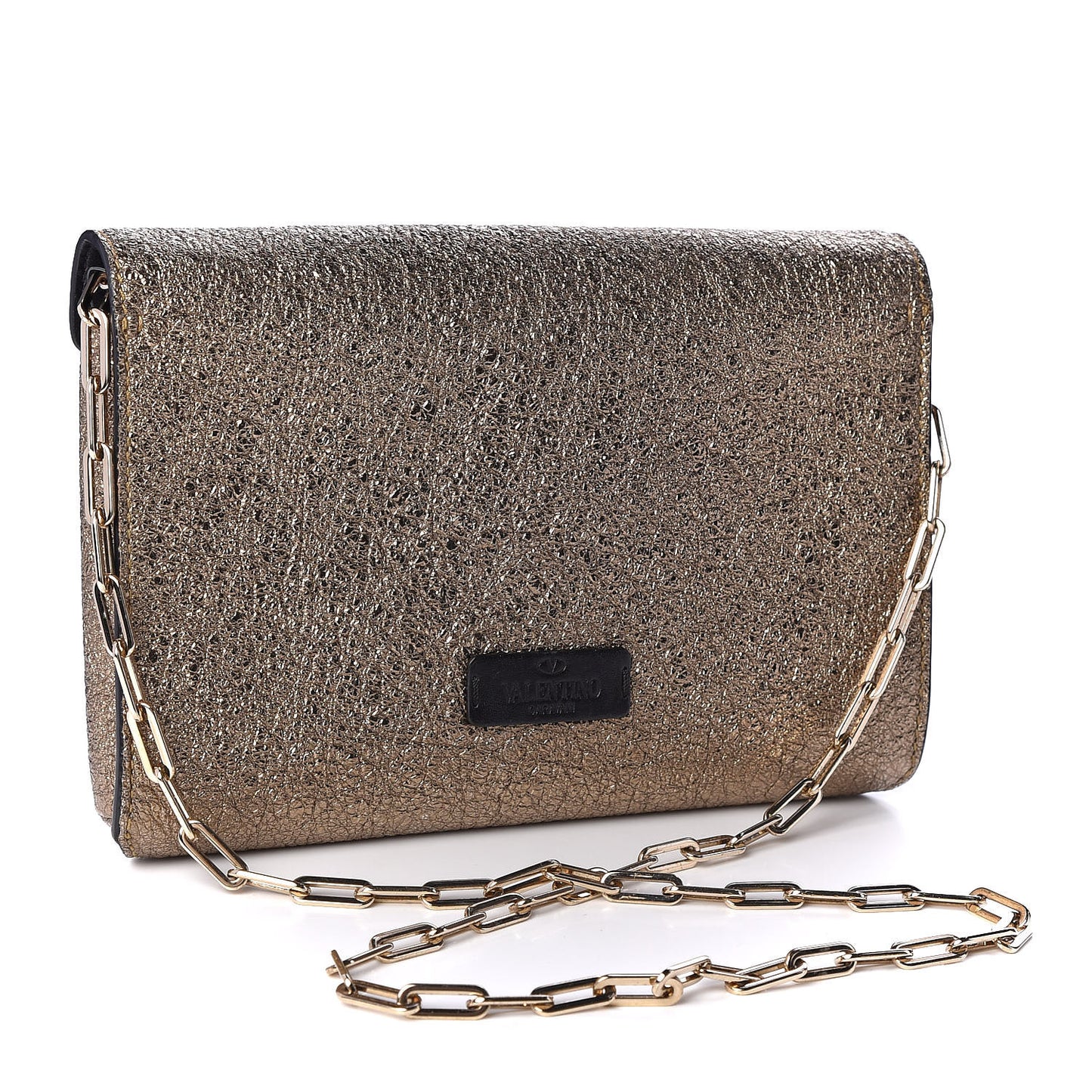 Metallic Calfskin V Rivet Chain Clutch Platinum