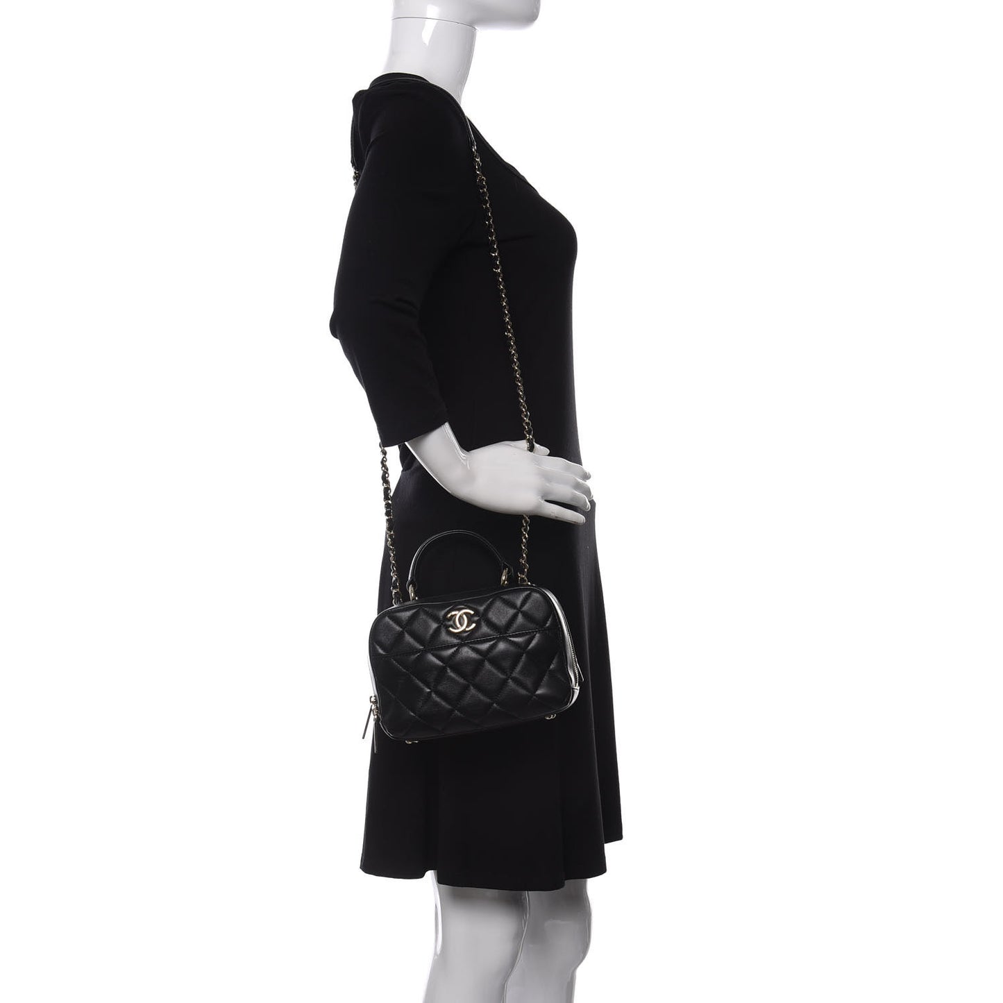 Lambskin Quilted Small Trendy CC Bowling Bag Black