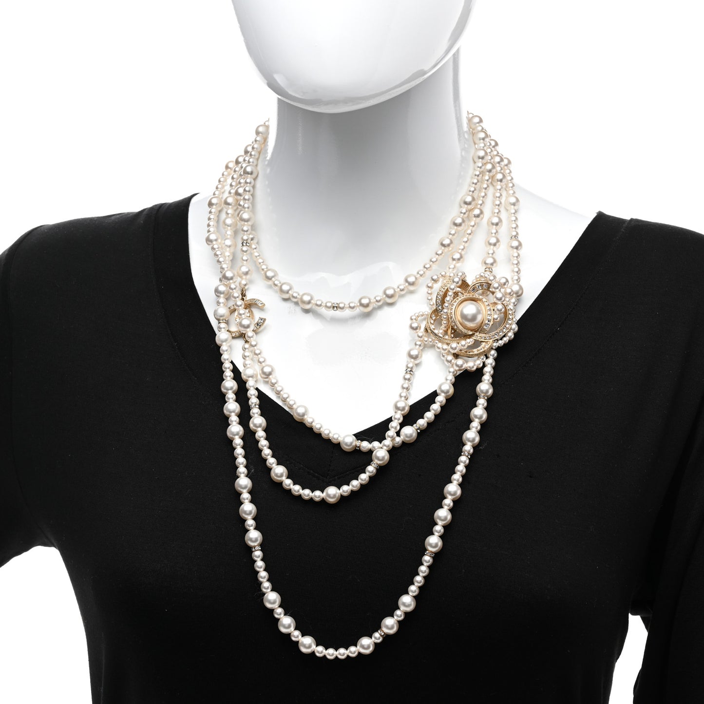 Pearl Crystal CC Camellia Multi Strand Necklace Gold White