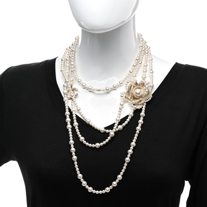 Chanel Pearl Crystal CC Camellia Multi Strand Necklace Gold White 2 of 6