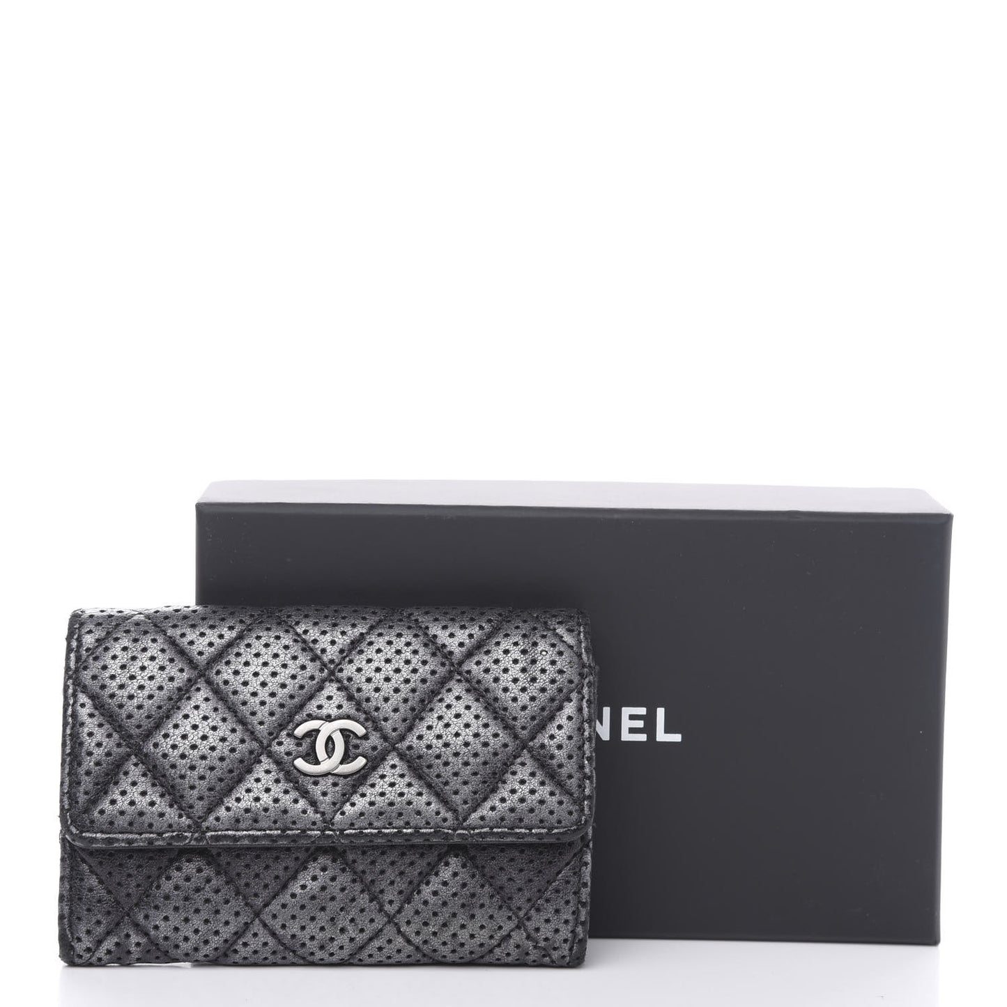 Lambskin Perforated Quilted Card Holder Grey