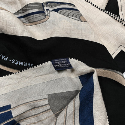 Hermes Cashmere Silk Arcs-En-Ciel  Giant Pointe Triangle Shawl Naturel Marine Black 2 of 5