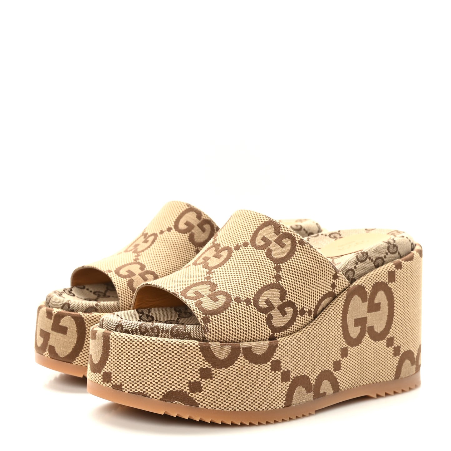 Monogram Jumbo GG Platform Slide Wedge Sandals 40.5 Camel Ebony