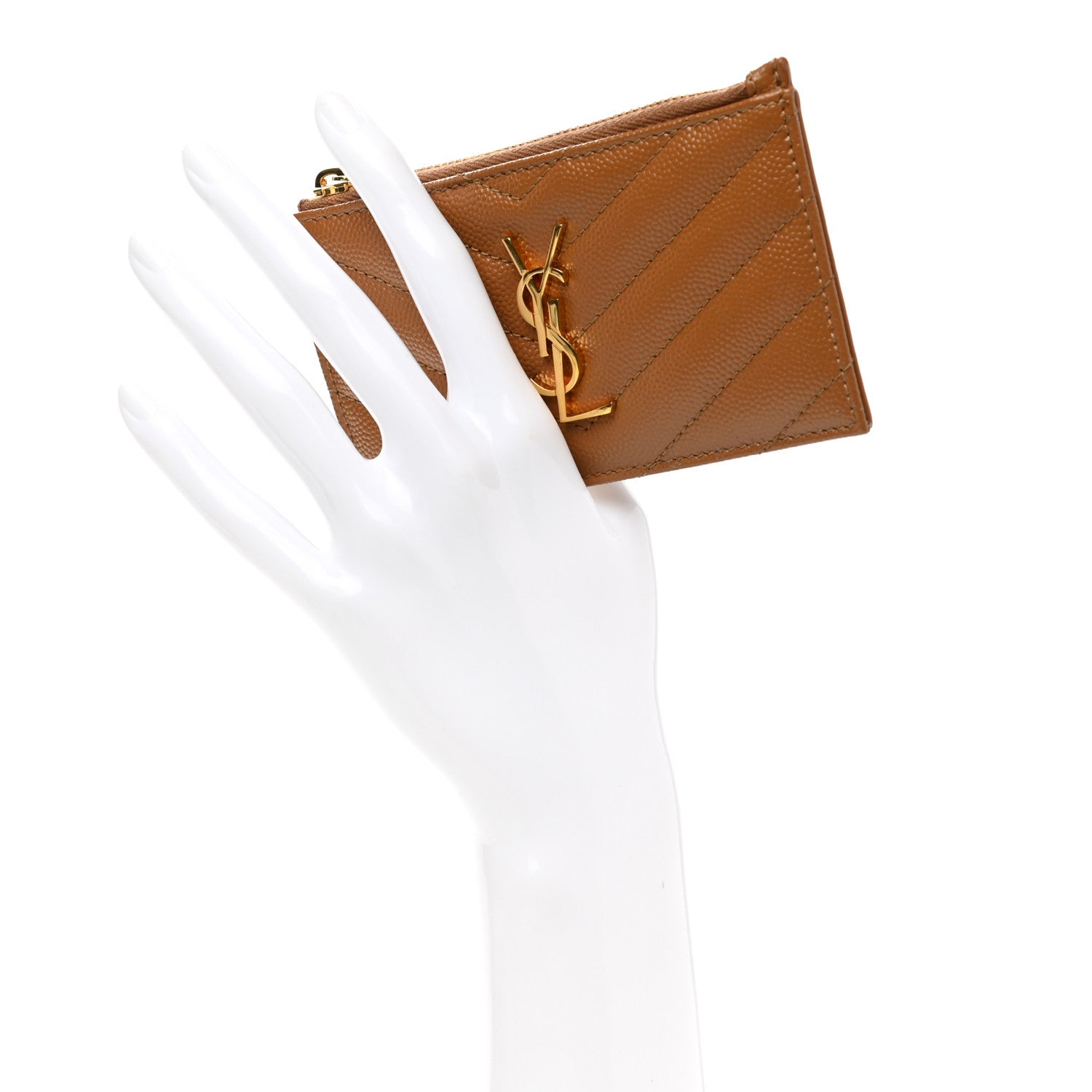 Saint Laurent Grain De Poudre Matelasse Chevron Monogram Fragments Zippered Card Case Cork 2 of 9