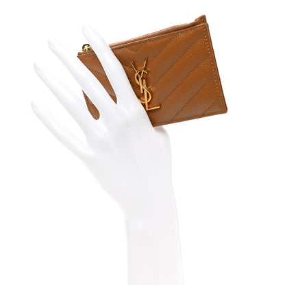 Saint Laurent Grain De Poudre Matelasse Chevron Monogram Fragments Zippered Card Case Cork 2 of 9
