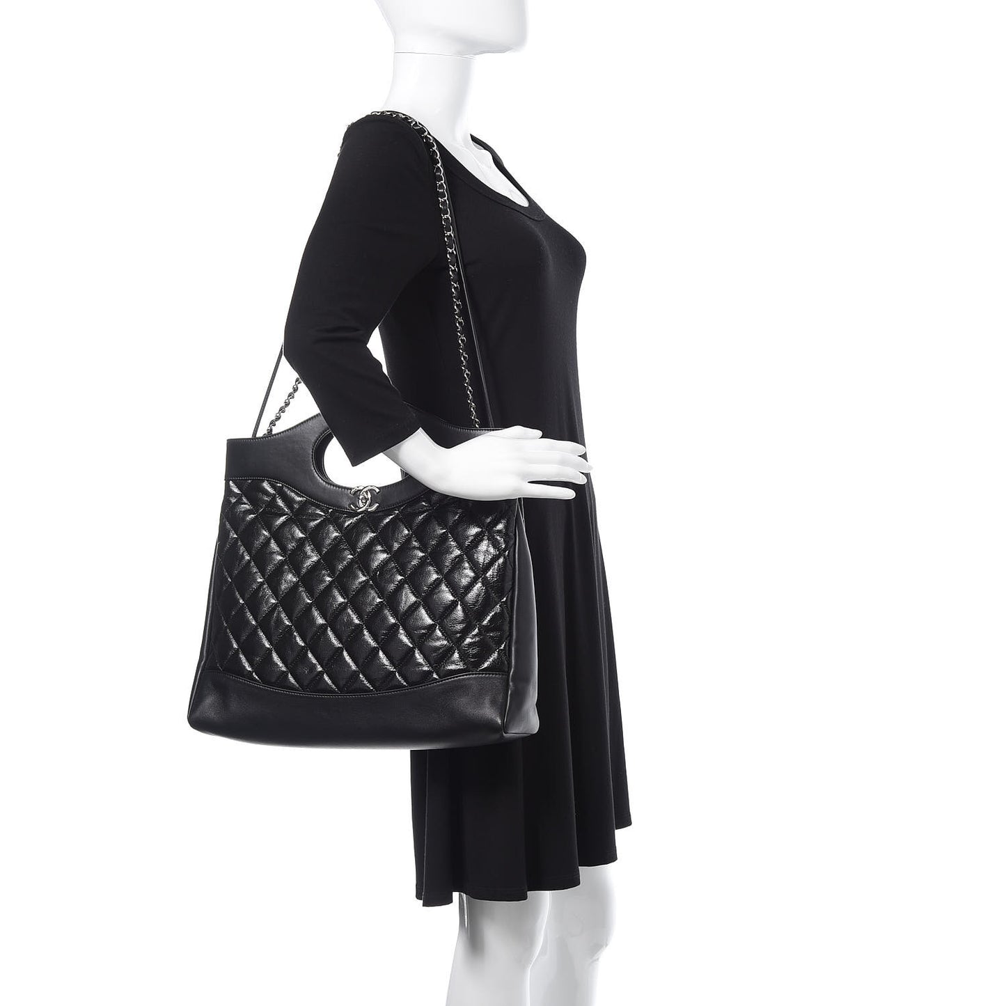 Aged Calfskin Quilted Large 31 Shopping Bag Black